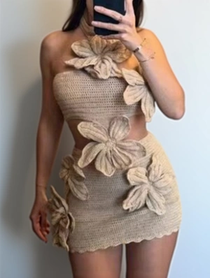 Flower Decor Knitted Halter Mini Dress