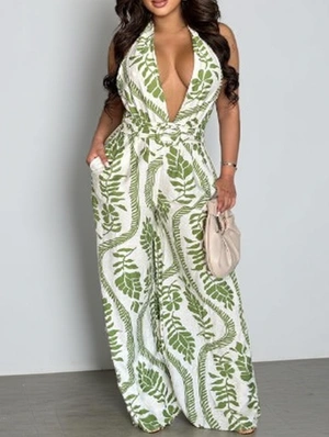 Deep V Neck Backless Wide Leg Jumpsuits