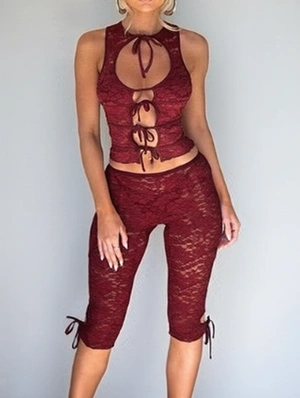 Backless Lace Tie-wrap Knee Shorts Sets