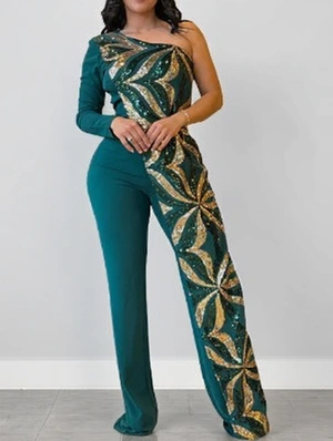 Sequin Patchwork One-shoulder Jumpsuits
