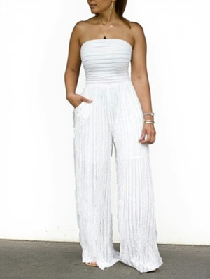 Plain Strapless Ruffle Wide Leg Jumpsuits