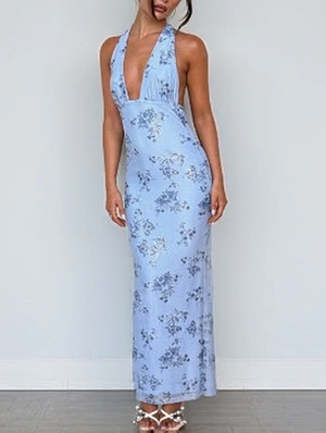 Floral Halter Backless Tie-wrap Maxi Dress