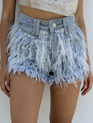 Rhinestone Tassel Feather Denim Shorts