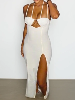 Solid Hollow-out Split Halter Maxi Dress