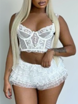 Sheer Lace Panel Tank Layered Short Sets