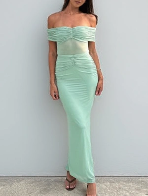 Sheer Ruched Off Shoulder Maxi Dress