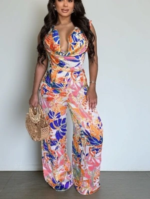 V Neck Lace Up Sleeveless Wide Leg Jumpsuits