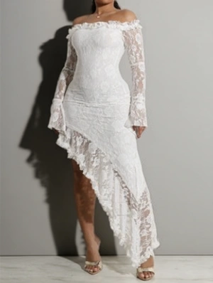 Off Shoulder Lace Detail Split Hem Maxi Dress