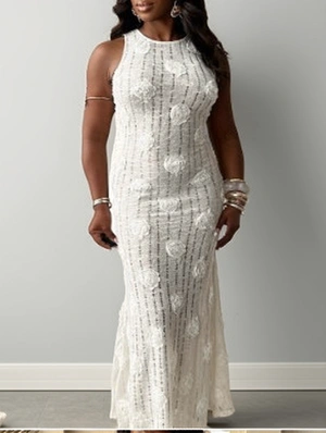Flower Decor Sheer Backless Lace Up Maxi Dress