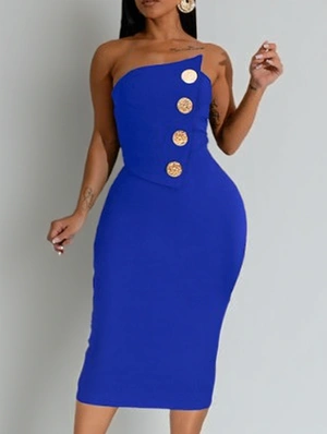 Irregular Buckle Decor Strapless Midi Dress