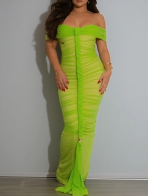 Ruched Off Shoulder Ribbons Maxi Dress