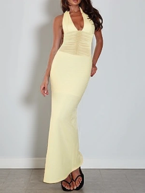 Ruched Gauze Sheer Backless Maxi Dress