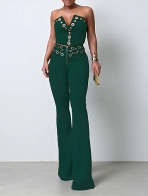 Eyelets Metal Decor V Neck Tube Pant Sets