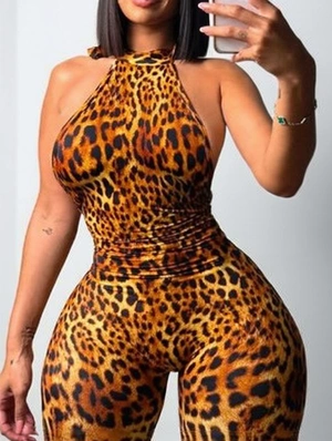 Leopard Ruched Backless Lace Up Jumpsuits