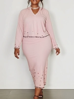 Rhinestones V Neck Split Hem Skirt Sets