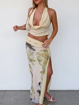 Halter Backless Floral Split Hem Skirt Sets