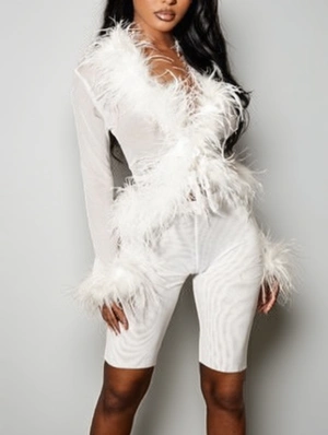 Sheer Fur Trim Bandage Shirt Knee Shorts Sets