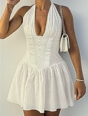 Pure Color Pleated V Neck Backless Halter Mini Dress