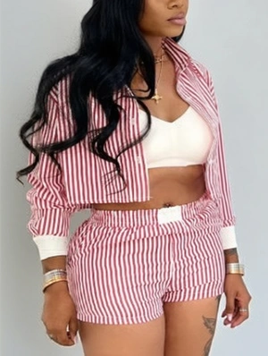 Colorblock Striped Cropped Shirt Short Sets