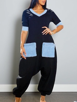 Denim Patchwork V Neck Loose Jumpsuits
