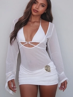 Ruched See Through Lace-Up Mini Dress
