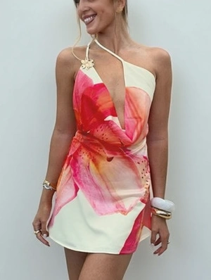 Flower Printed Backless One Shoulder Mini Dress