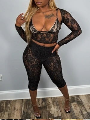 Flower Lace Perspective Knee Shorts Sets