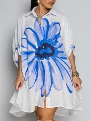 Batwing Sleeve Floral Printed Shirt Mini Dress