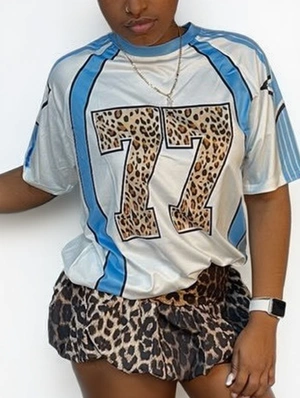 Leopard Striped Trim Number Print Loose T-shirts