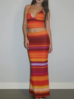 Gradient V Neck Cropped Tank Skirt Sets