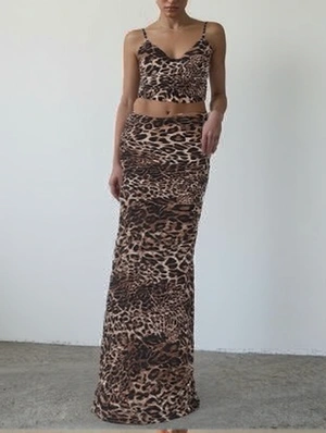Leopard V Neck Backless Tank Skirt Sets