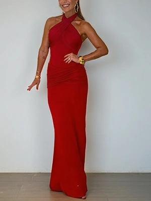 Plain Ruched Halter Backless Maxi Dress