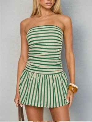 Striped Strapless Ruched Smocking Mini Dress