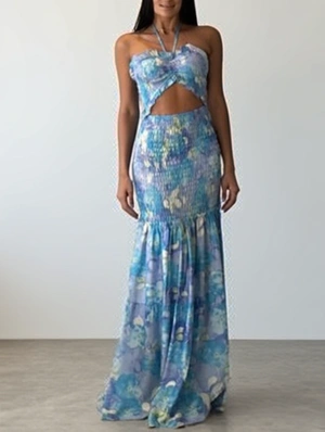 Tropic Hollow-out Smocking Lace Up Maxi Dress