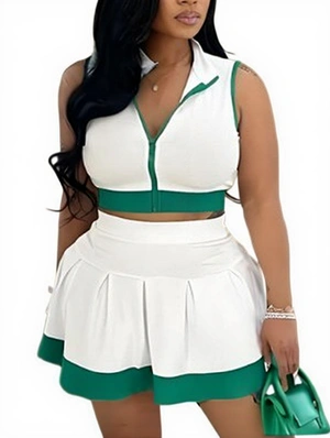 Colorblock Zipper Cropped Pleated Skirt Sets