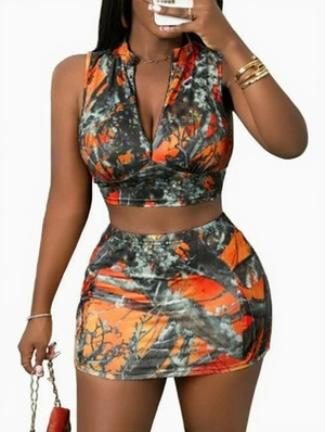 Branch Leaf Print Zipper Cropped Skirt Sets