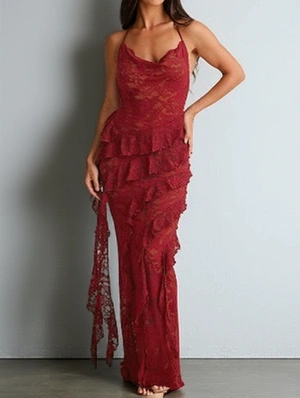 Backless Lace-Up Ribbon Peplum Maxi Dress