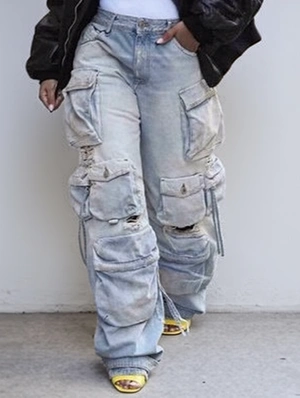 Distressed Multi Pocket Cargo Ripped Jeans