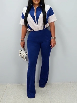 Contrast Color Zipper Lapel Flared Jumpsuits