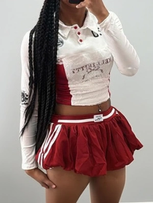 Lace Panel Cropped Striped Trim Bubble Skirt Sets