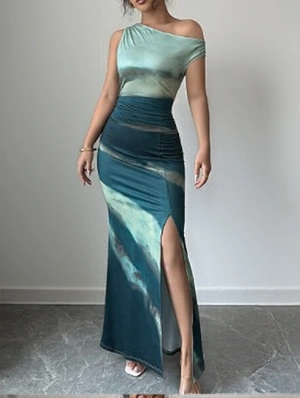 Inclined Shoulder Colorblock Split Hem Maxi Dress