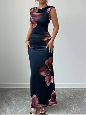 Floral Print Sleeveless Ruched Maxi Dress