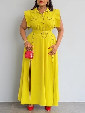 Chain Lapel Cargo Split Hem Skirt Sets