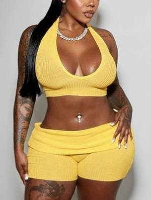Halter Backless Lace-Up Cropped Short Sets