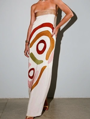 Satin Geometric Print Strapless Maxi Dress