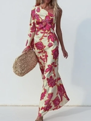Satin Floral Printed One Shoulder Maxi Dress