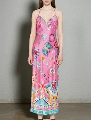 Abstract Printed V Neck Backless Chain Maxi Dress