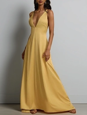 Beading Satin Deep V Neck Backless Maxi Dress
