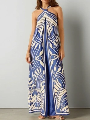 Colorblock Halter Lace-Up Wide Leg Jumpsuits