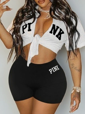 Letter Print Bandage Cropped Short Sets